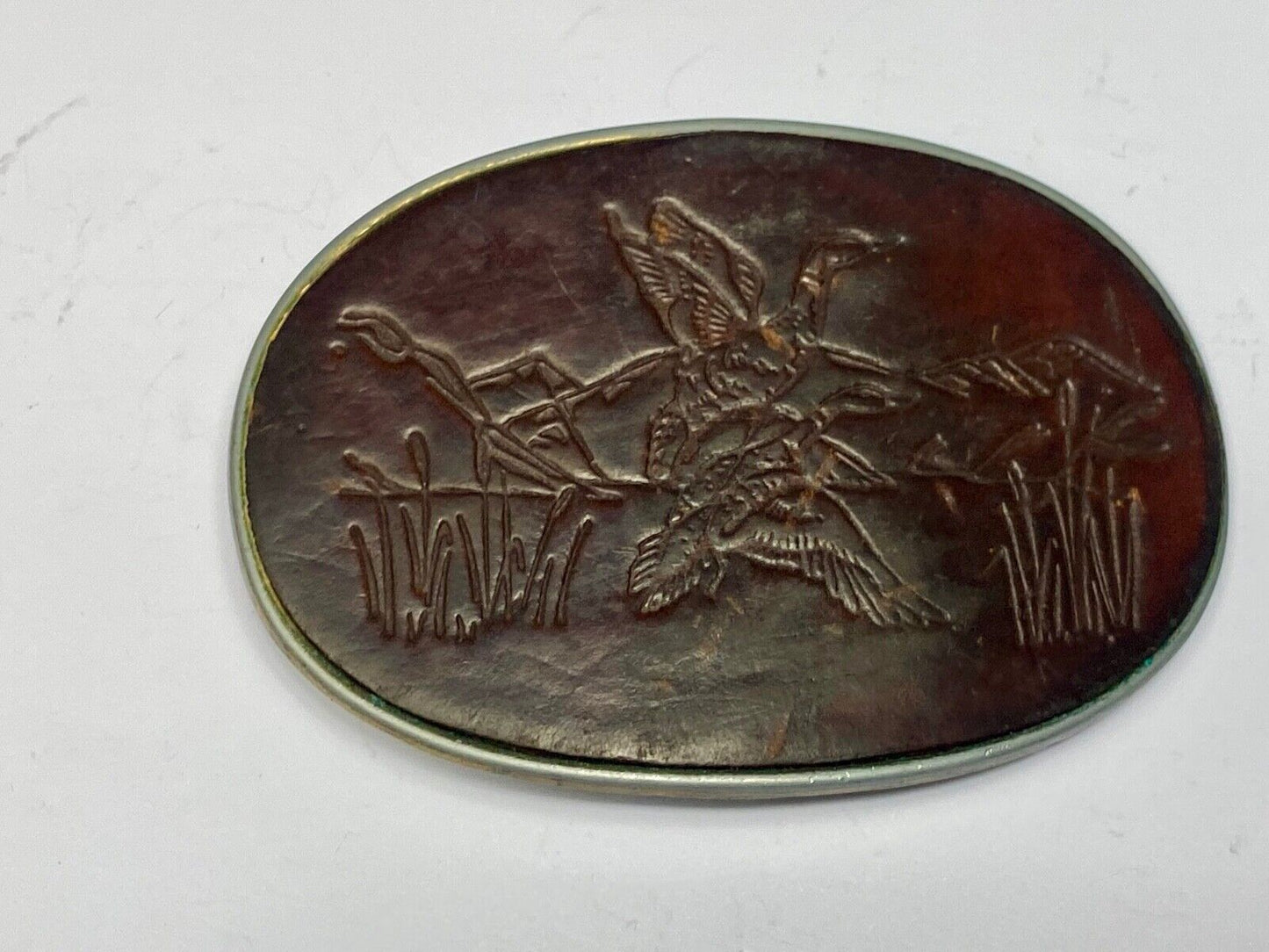 Vintage Ducks taking off flying from pond - nature leather belt buckle