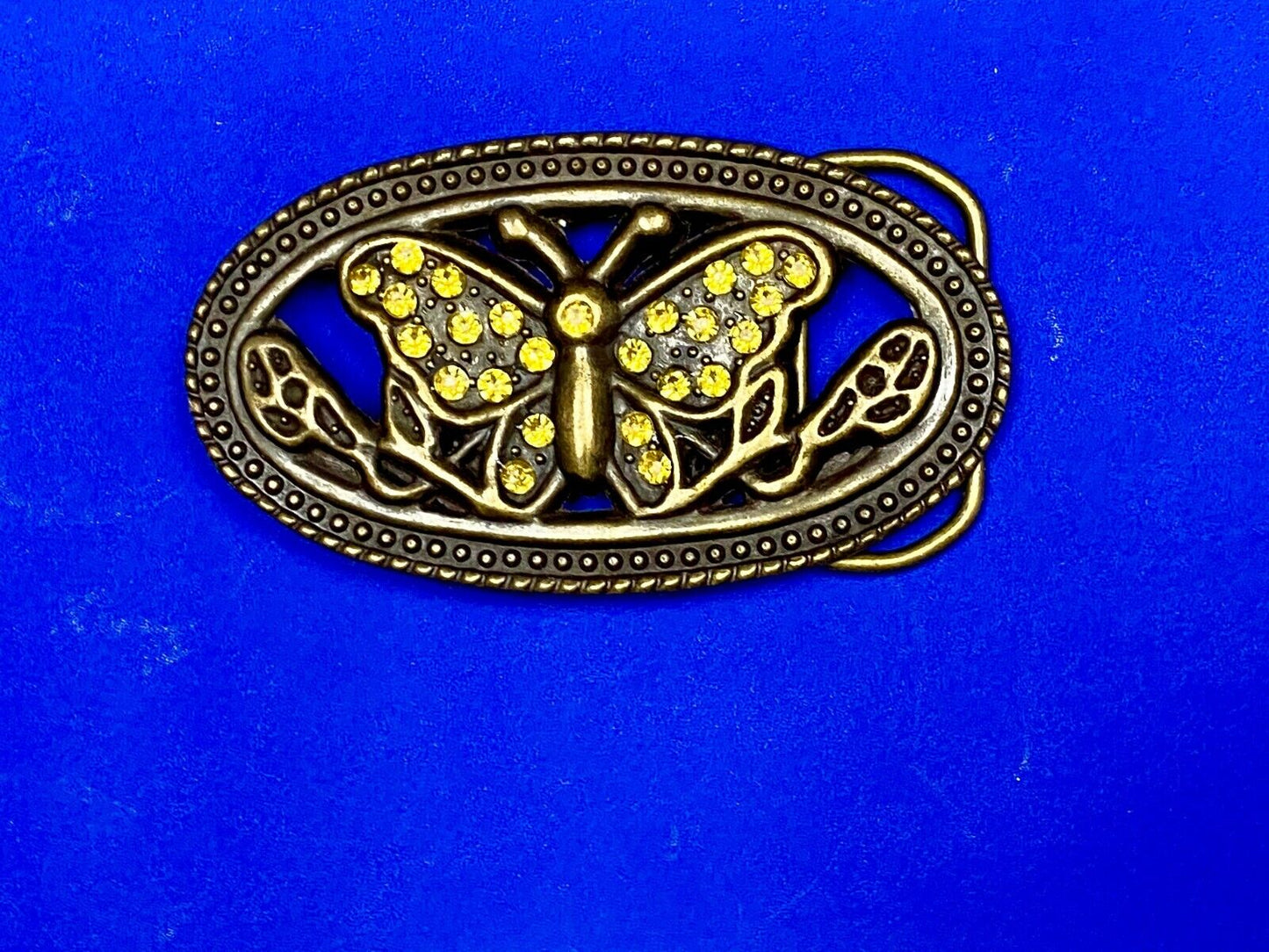 Beautiful Cut Out Butterfly - Yelloew Rhinestone Accented Brown Belt Buckle