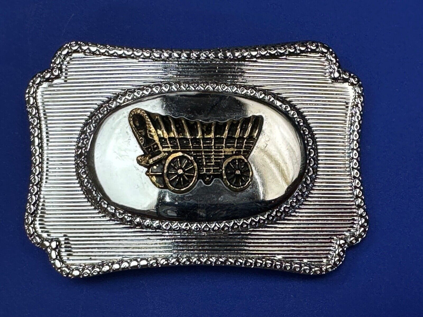 Vintage Horse Drawn Covered wagon on western two tone belt buckle