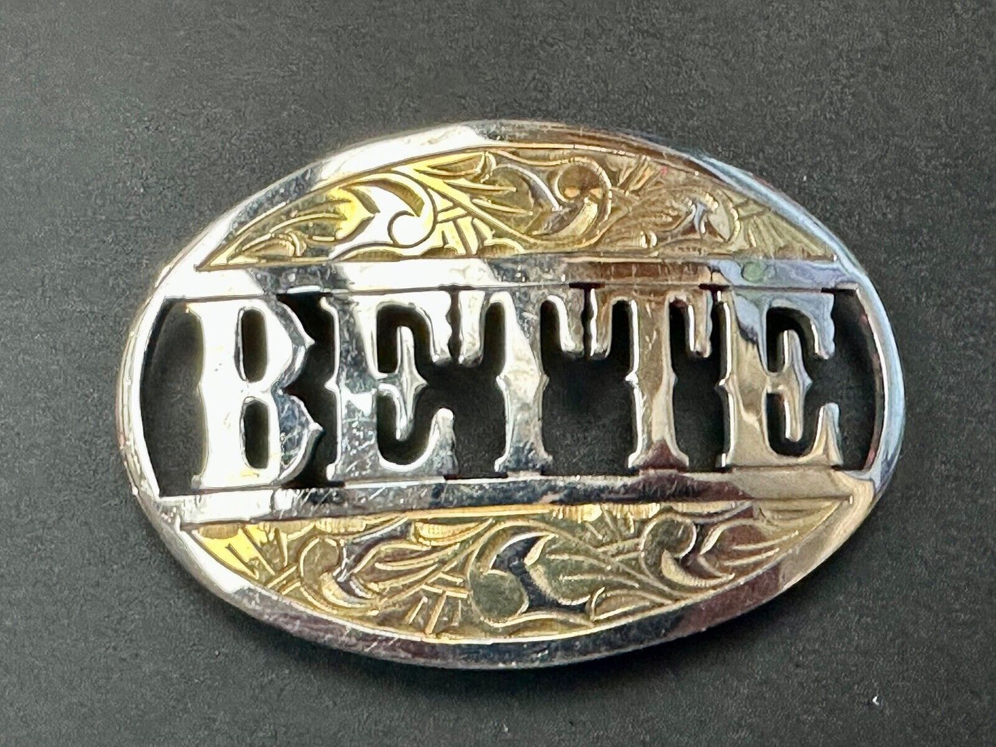 BETTE - custom name on western two tone cutout see through vintage belt buckle