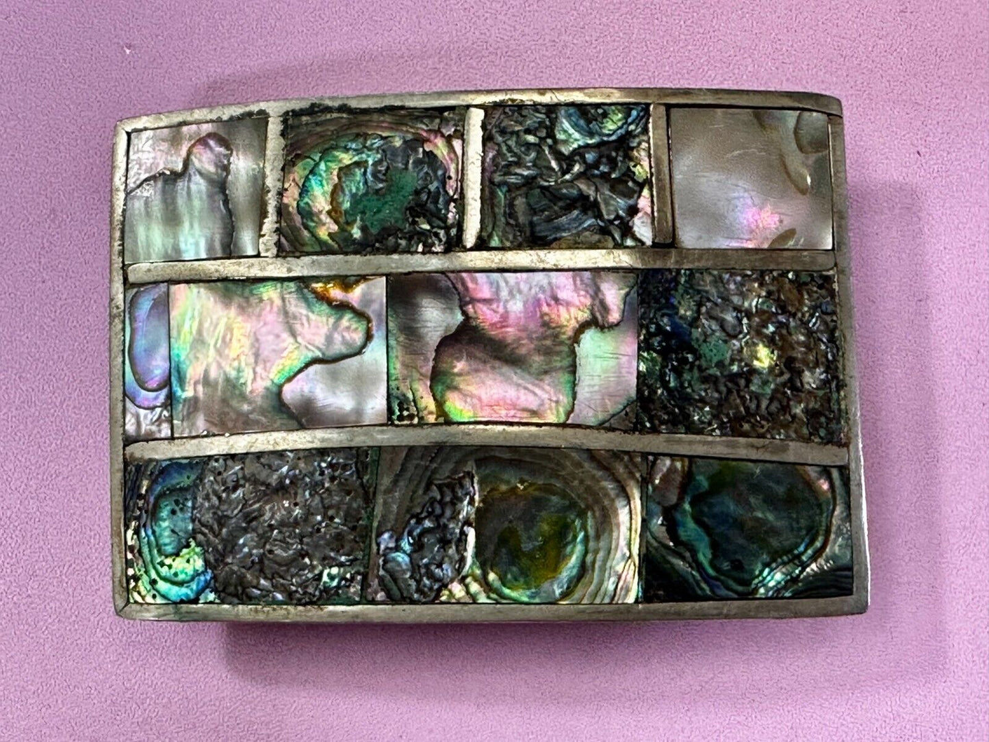 Vintage Abalone Shel Inlaid Silver Tone Large Rectangular Belt Buckle