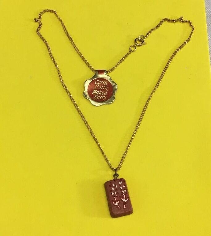 terracotta necklace baked earth = with tags flower drawing ceramic tile artisan