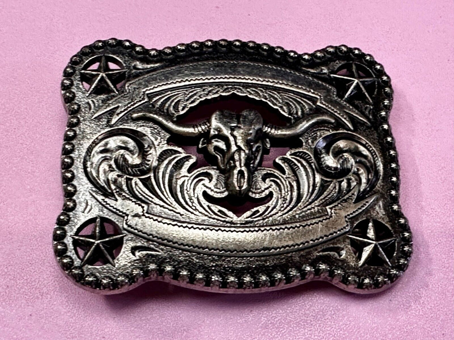 Texas Longhorn Steer / Corner Stars - Engravable Blank Award Scroll Belt Buckle