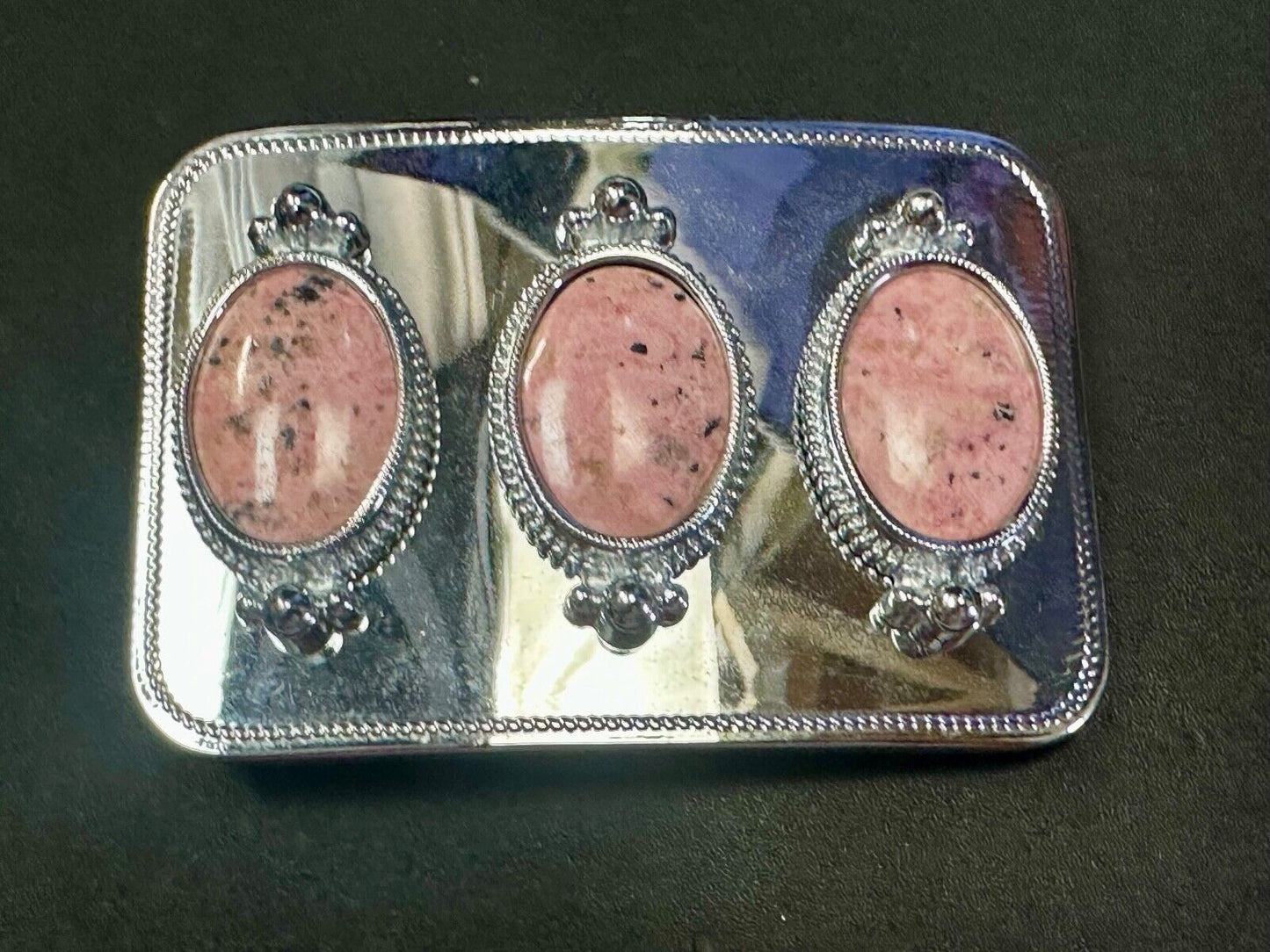 Three Piece Pink Cabochon Cab Stones on reflective silver color Belt Buckle