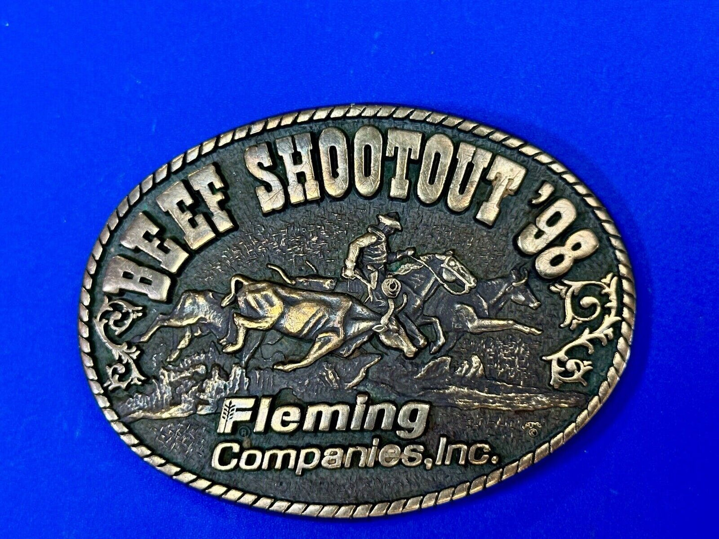 Beef Shootout 1998 Fleming Companies Inc Rodeo vintage ADM belt buckle