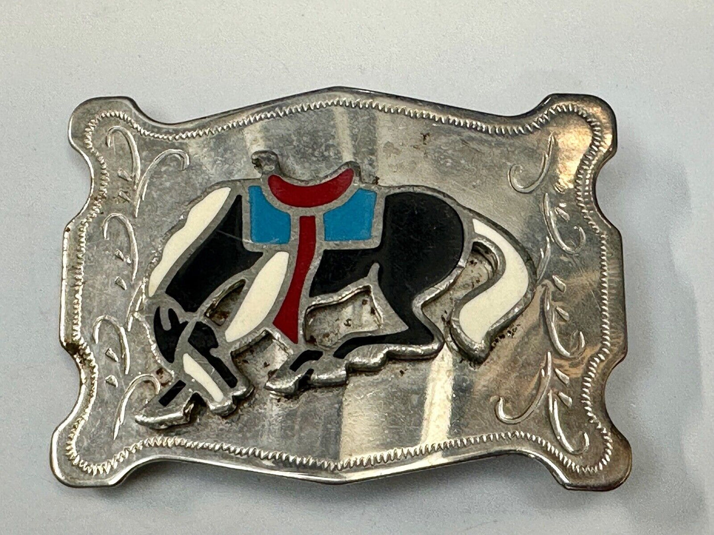 Vintage Cowboy's Horse Saddle Bronc western Inlaid enamel belt buckle