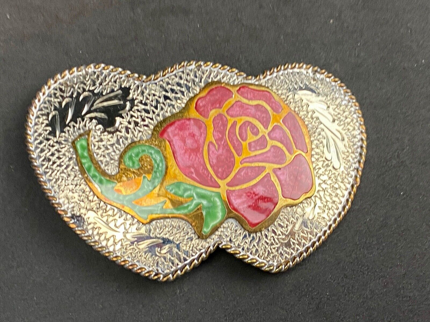 Beautiful J. TEDDER signed three HEART's and rose western belt buckle