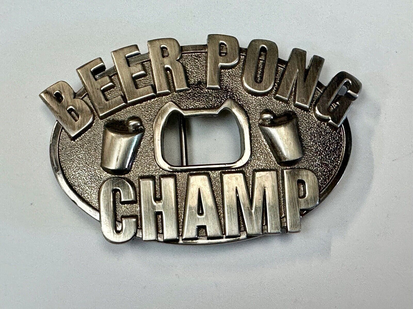 vintage beer pong champ novelty belt buckle and bottle opener by Kalan