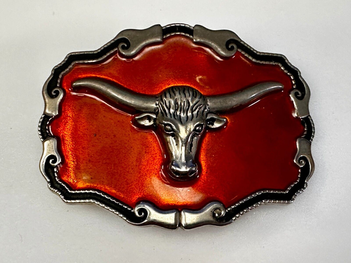 Texas Longhorn Cow Head Steer Orange Enameled Western Cowboys Rodeo Belt Buckle