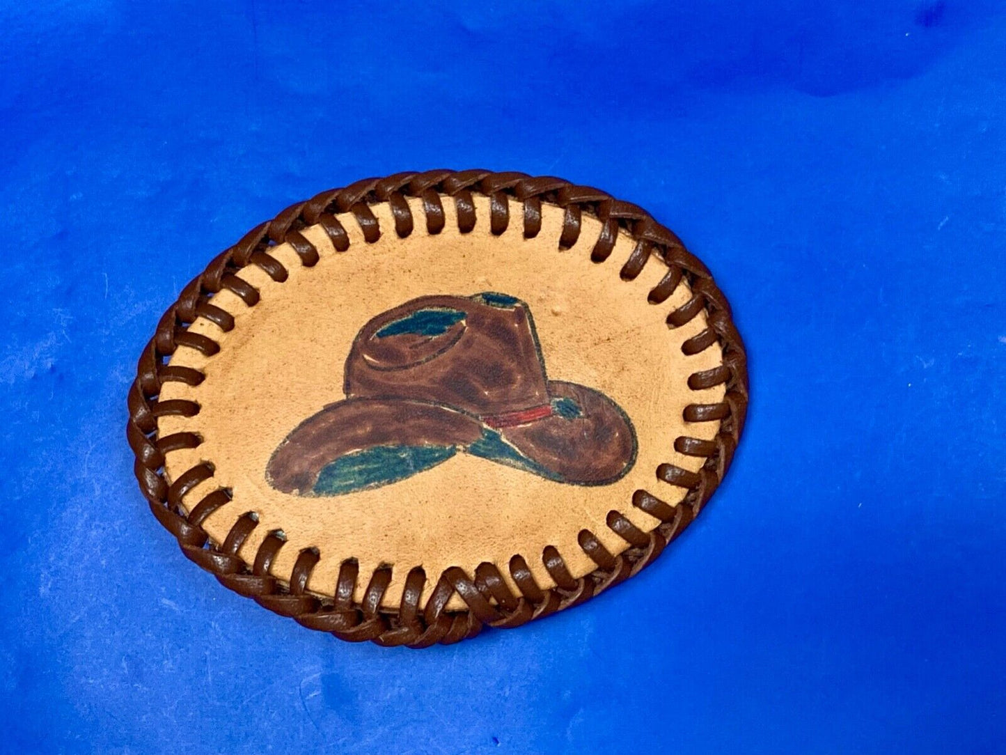 Vintage Cowboy Hat On Hand Stitched Leather Western Oval Belt Buckle