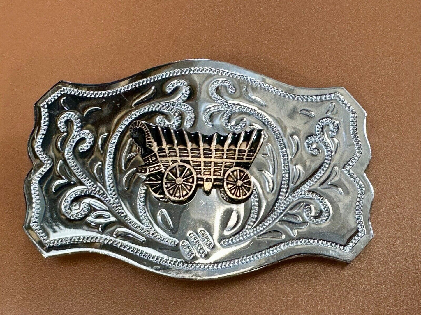 Vintage Covered Wagon - western two tone outlined ornate belt buckle