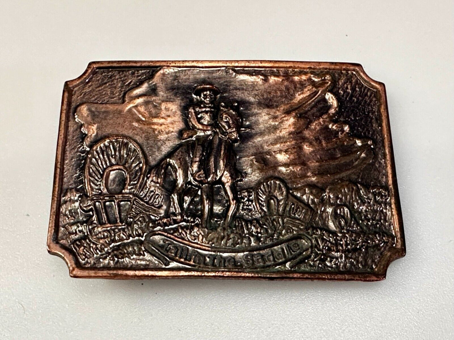 Tall in the Saddle Wagon Cowboy Horse Western Art Scene Vintage Belt Buckle