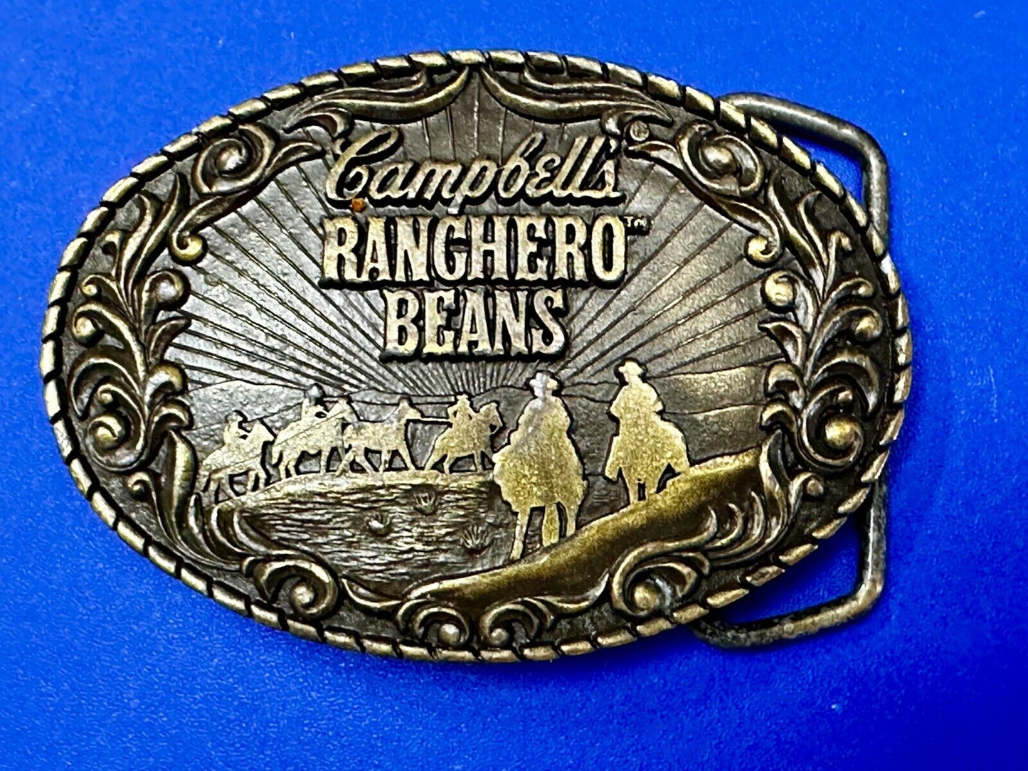 Vintage Campbells Soup Ranchero Beans Western Cowboy Chuck Wagon Belt Buckle