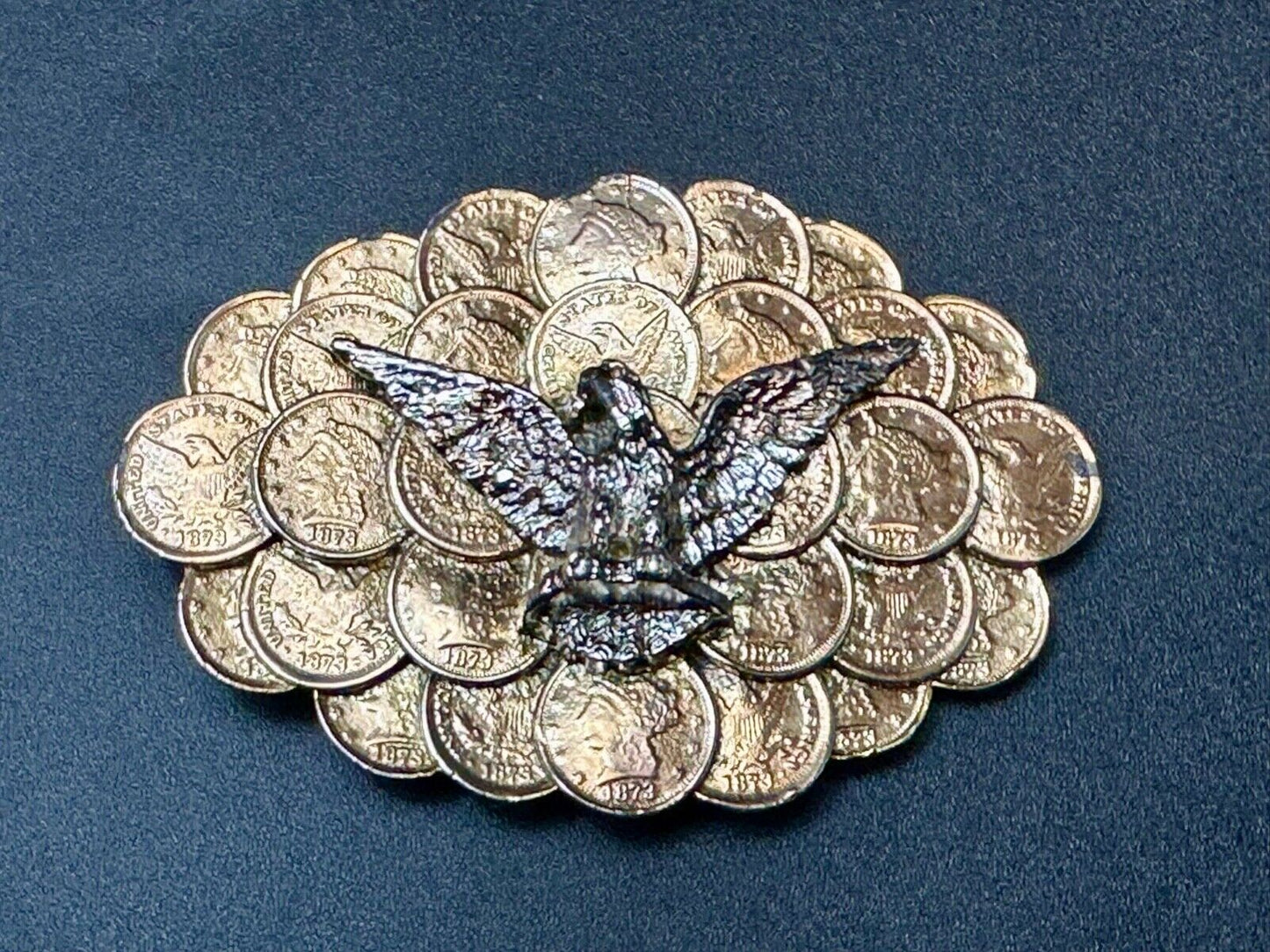 American Eagle wings wide over cluster of Indian Head Coins belt buckle