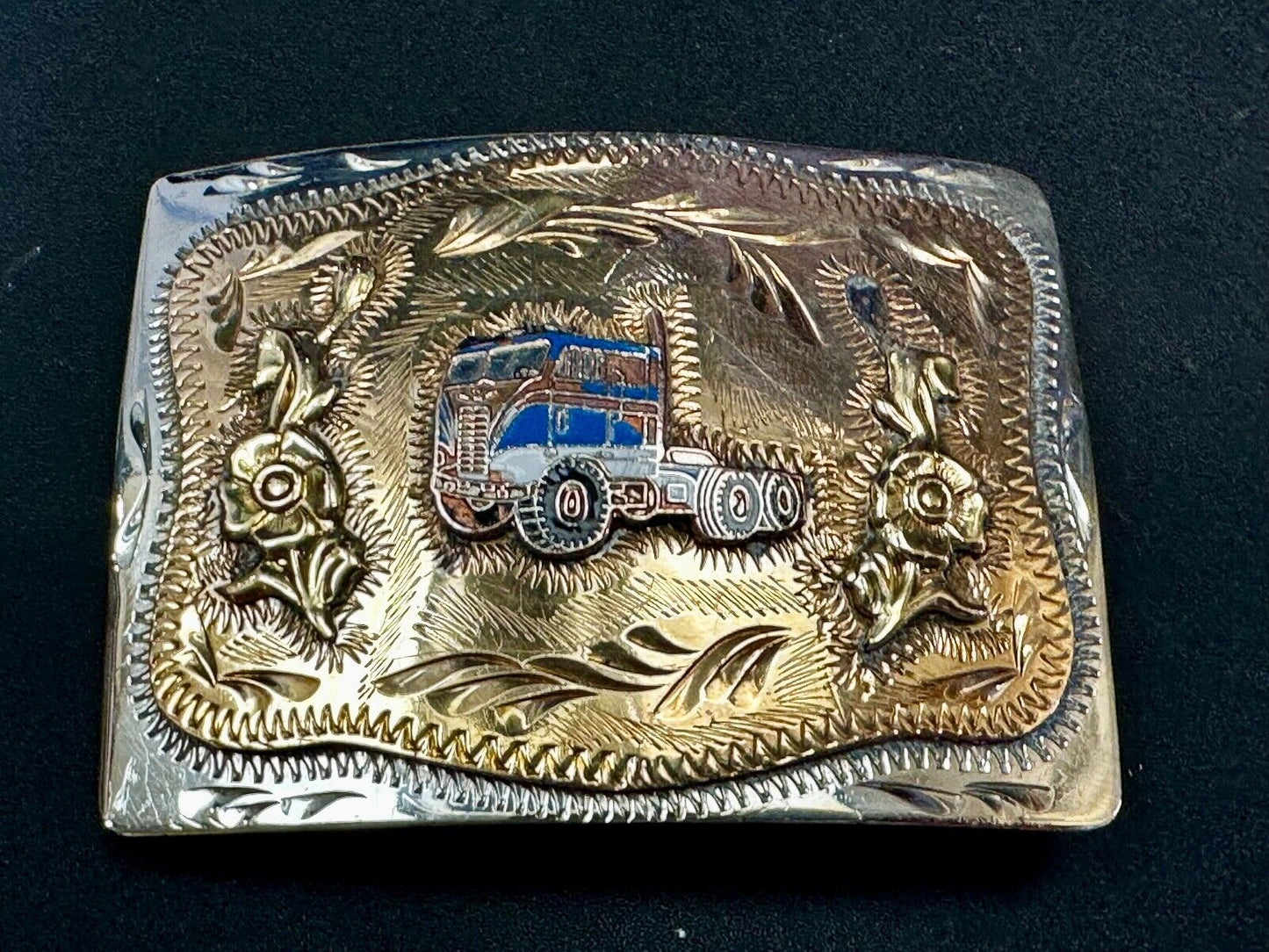 Beautiful custom Semi Drivers western two tone engraved accent Belt Buckle