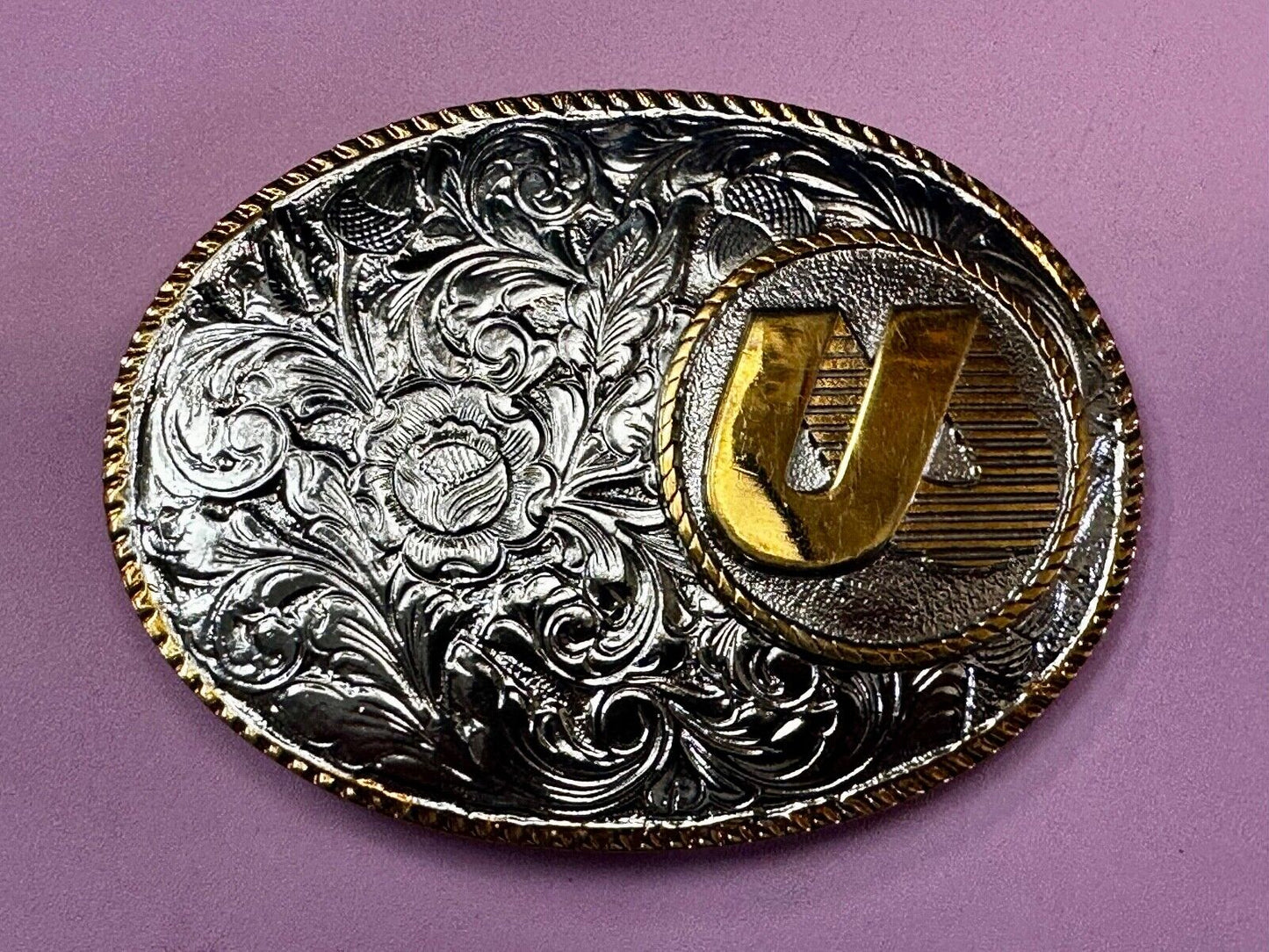 UA Company Logo Floral Flower Design Gold & Silver Tone Vintage Belt Buckle
