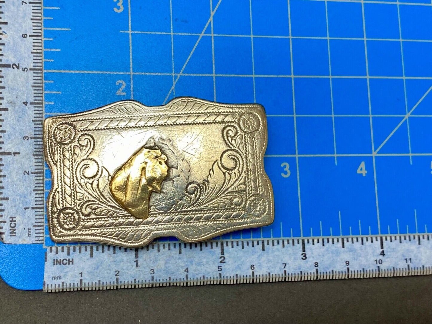 Vintage beat up nickel silver belt buckle missing some of a horse head! REPAIR
