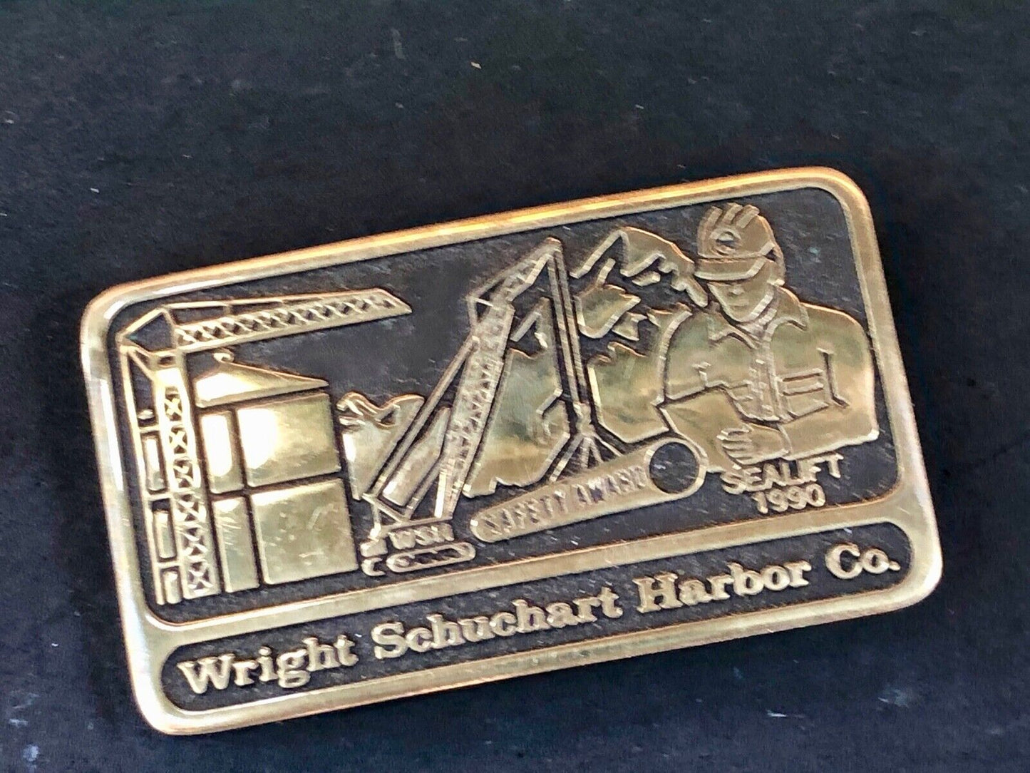 Vintage 1990 hand made solid brass Wright Schuchart Harbor Co promo Belt Buckle