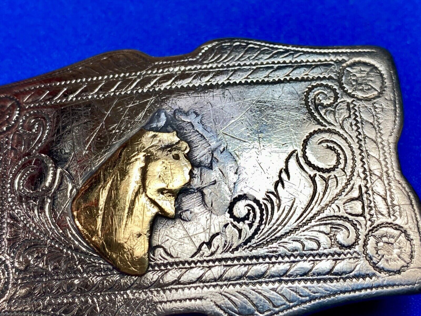 Vintage beat up nickel silver belt buckle missing some of a horse head! REPAIR