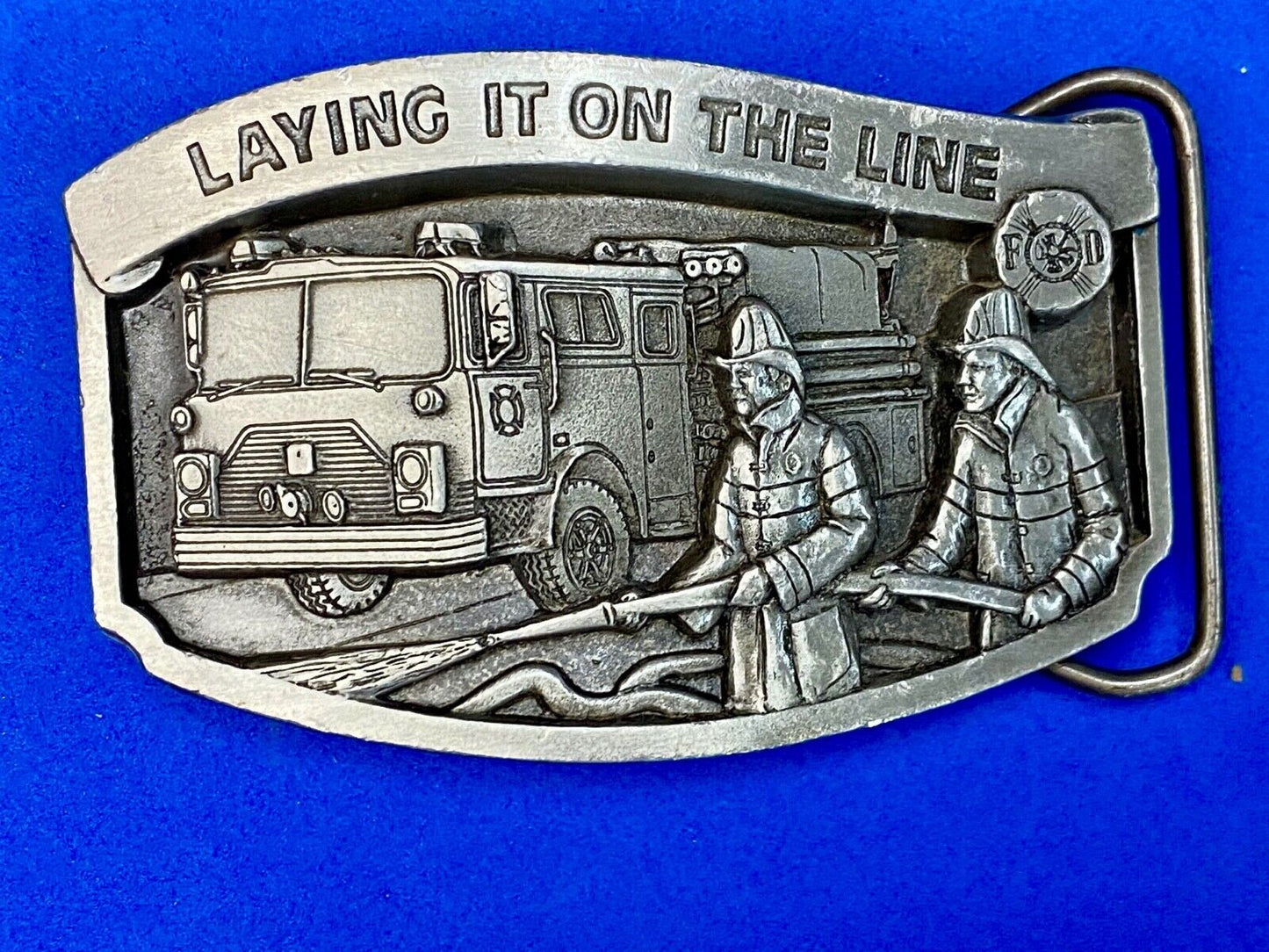 Vintage 1992, Laying it on the line fire department pewter belt buckle