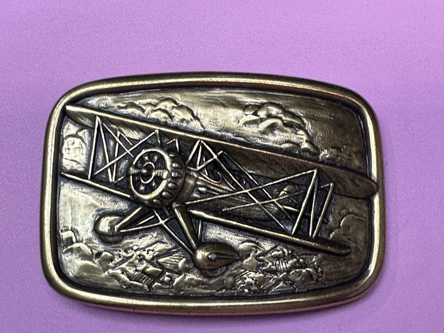 Bi-Plane Pilots Airplane brass tone Belt Buckle by Avon