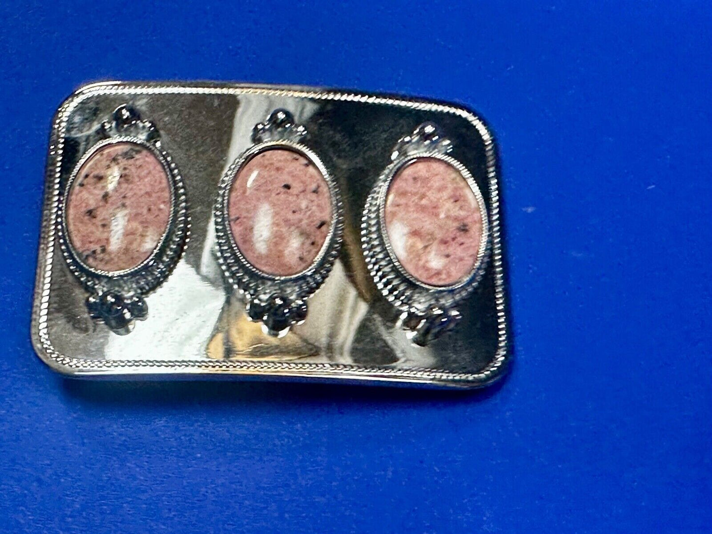 Three Piece Pink Cabochon Cab Stones on reflective silver color Belt Buckle