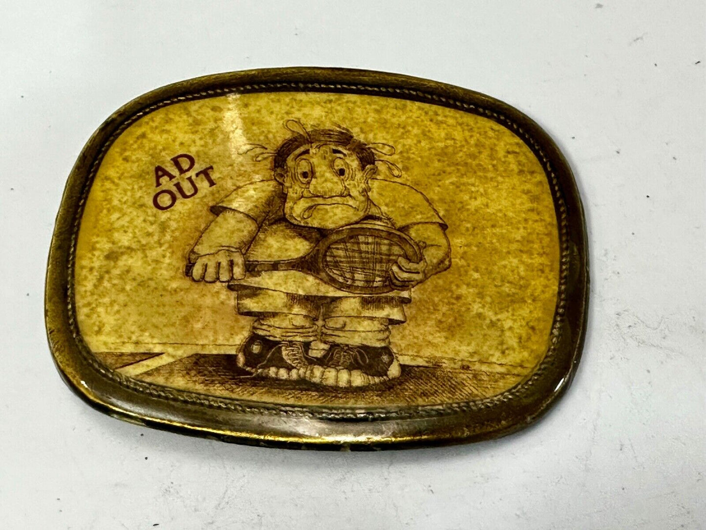 Vintage Cartoon Man AD OUT - Tennis Game Match Retro Sports Belt Buckle