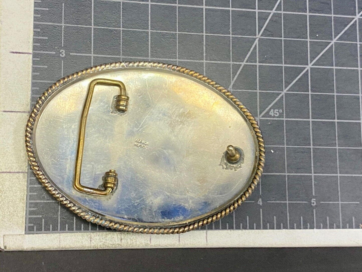 Vintage 4" Three Horse Head's On Alpaca Mexico Belt Buckle Blank Trophy Scroll