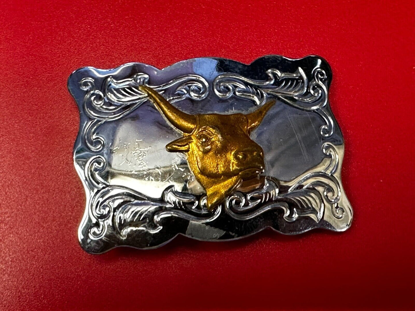 Vintage Cowboys Longhorn W/ Engraved Swirl Pattern Belt Buckle By Chambers