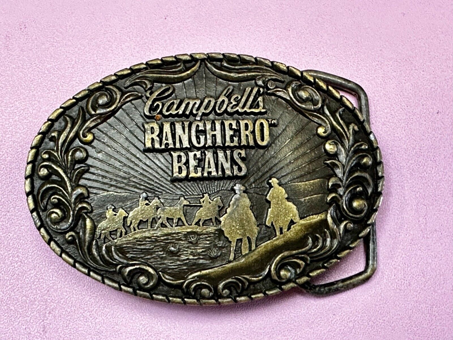 Vintage Campbells Soup Ranchero Beans Western Cowboy Chuck Wagon Belt Buckle