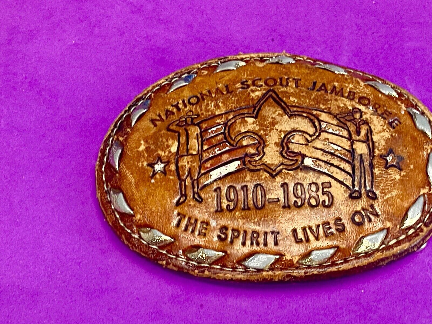 Vintage 1985 BSA National Scout Jamboree Boy Scouts leather belt buckle