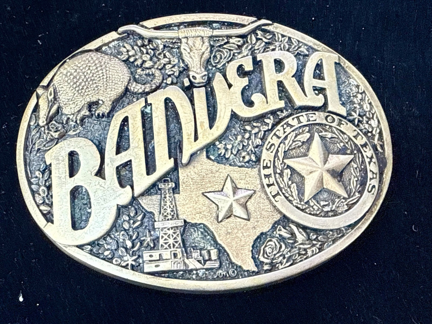 Bandera Texas State Seal , Oil, Star, Longhorn Vtg ADM Solid Brass Belt Buckle