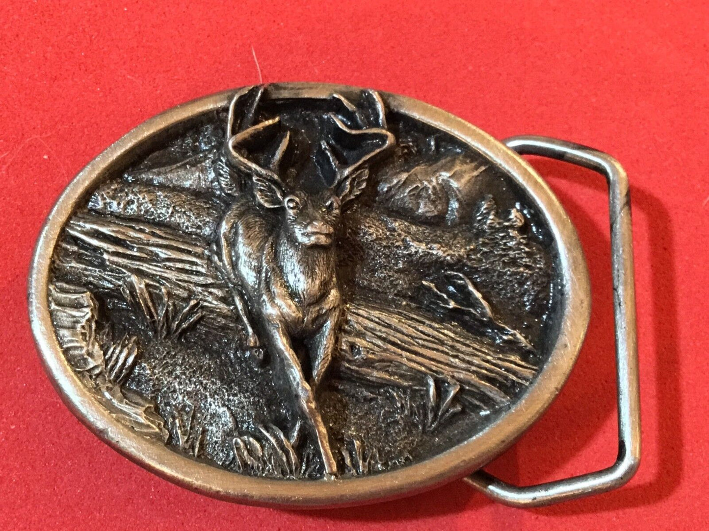 Vintage 1984 Bergamot brass works F-143 Strong DEER jumping over log fallen tree