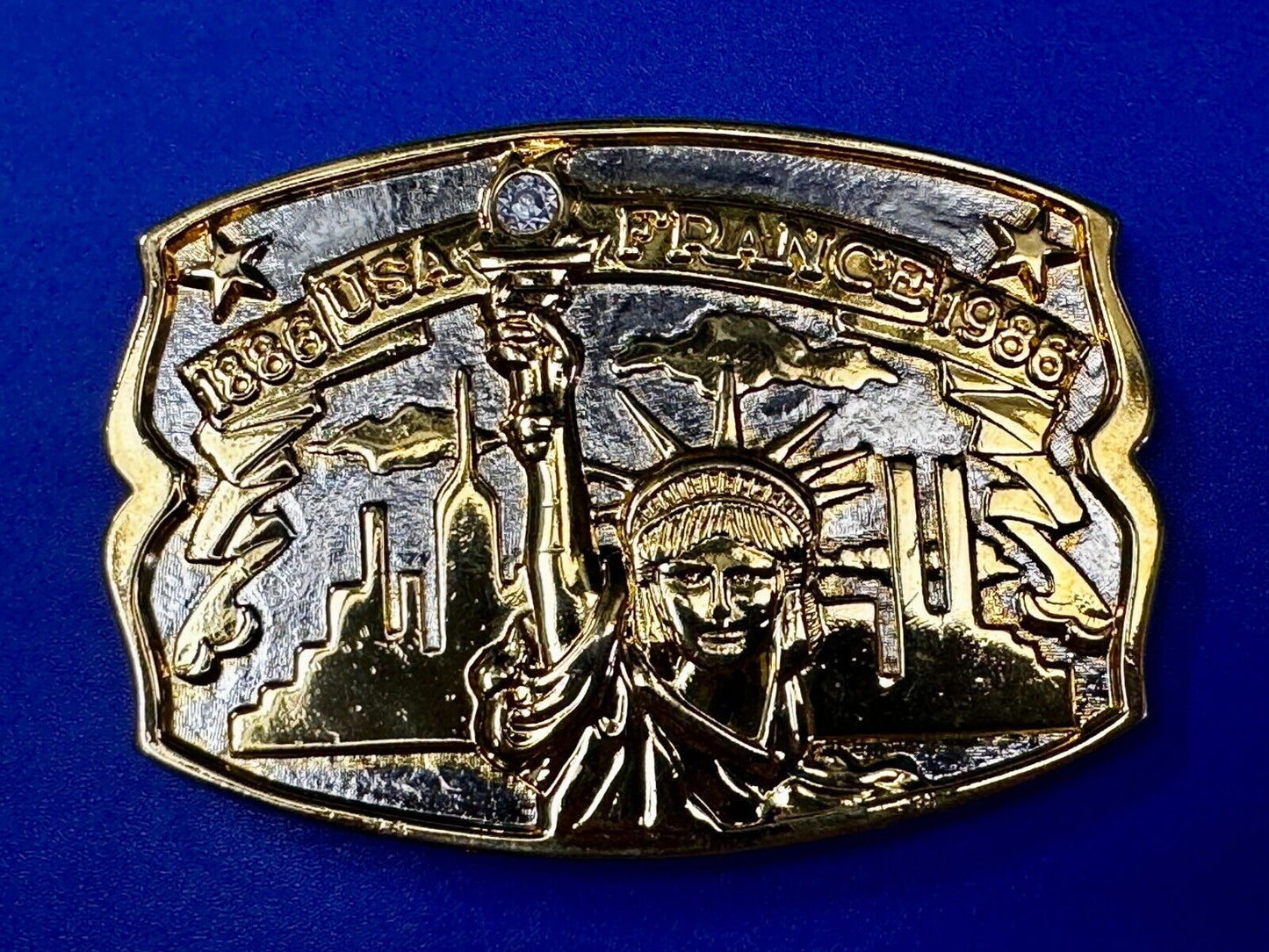 USA France Lady Liberty Statue Commemorative two tone Hammond Mint Belt Buckle