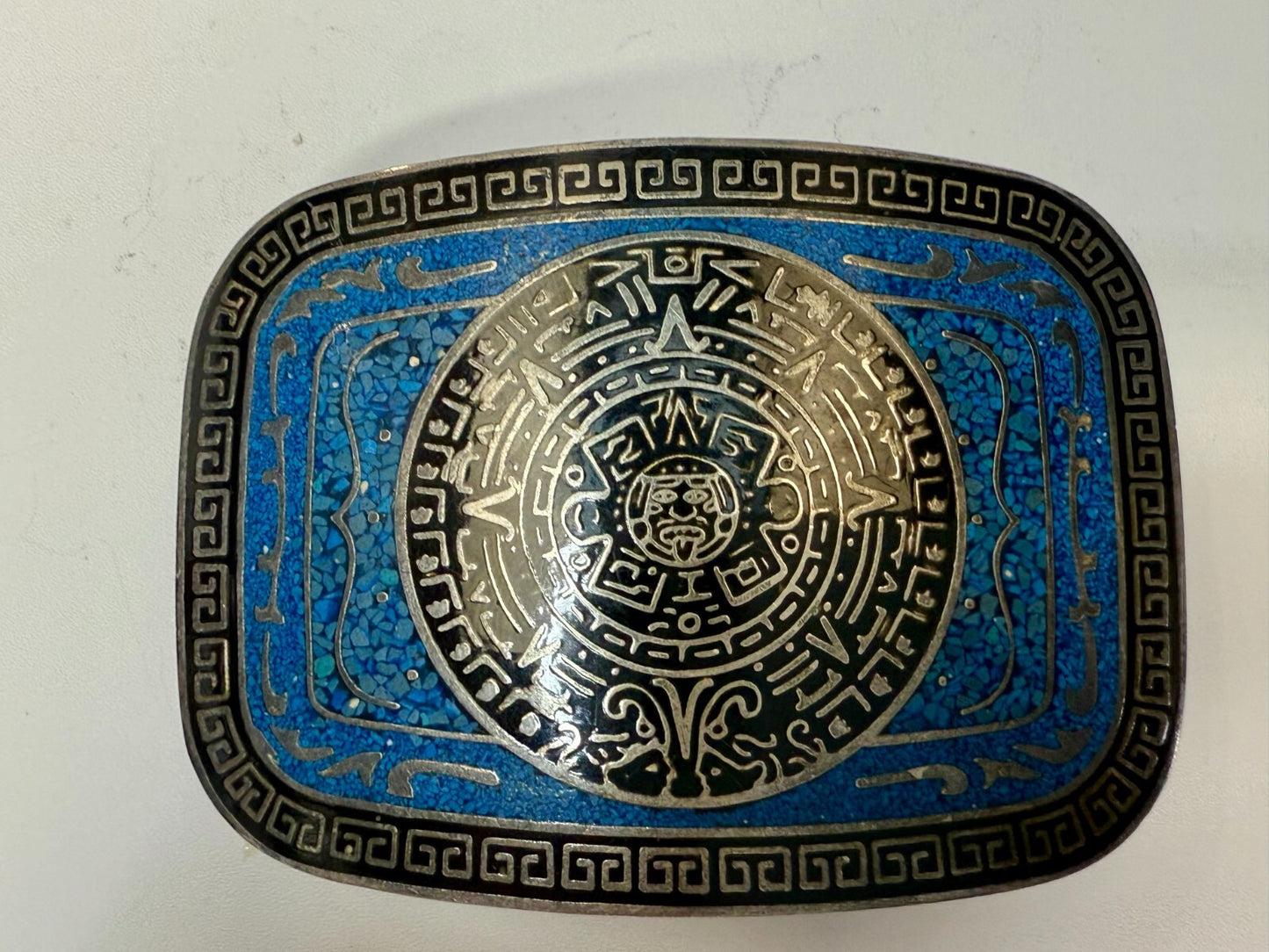 Aztec Mayan Calendar Turquoise Chip Inlay Tribal Art Belt Buckle Mexico Made