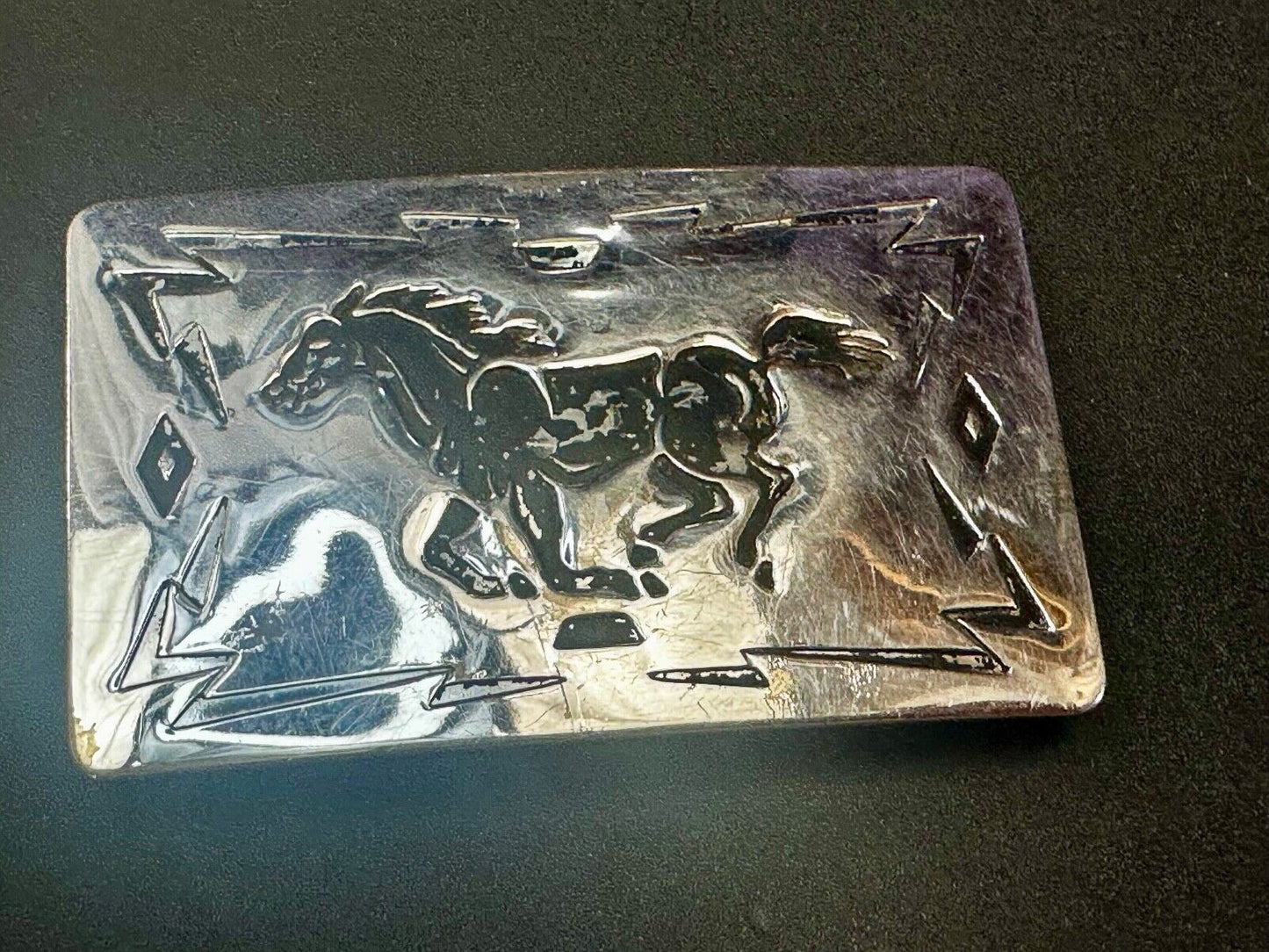 Vintage Chambers Horse Running Mustang nickel silver USA made Belt Buckle