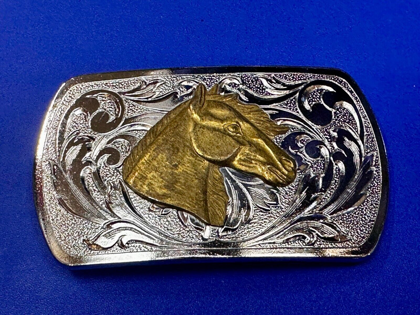 Two Tone Horse Head Vintage Western Flower Swirl Design Belt Buckle