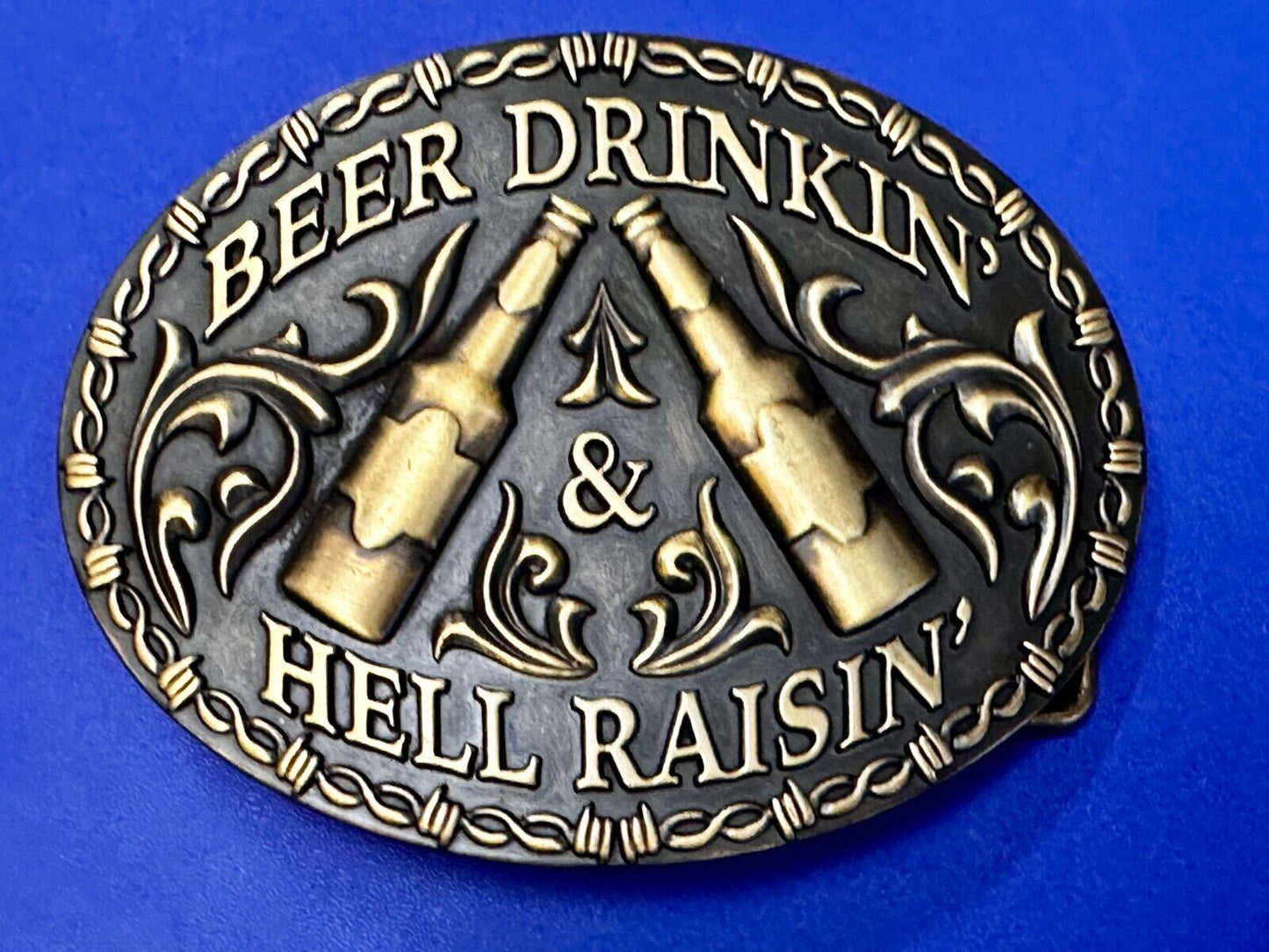 Beer Drinkin Hell Raisin Funny Novelty Barbed Wire Border Western Belt Buckle