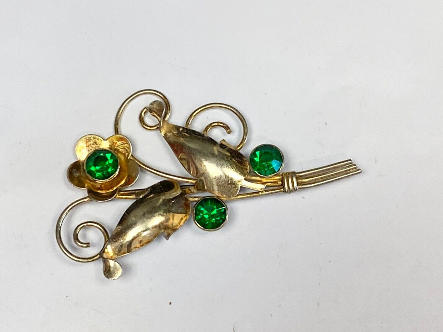 Beautiful Green Rhinestones? In Flower Theme Sterling Silver 925 Vintage Brooch