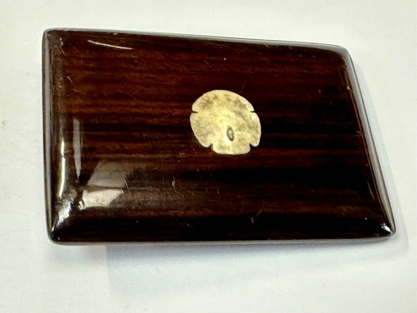 Artisan wood belt buckle with small inlaid sand dollar sea shell