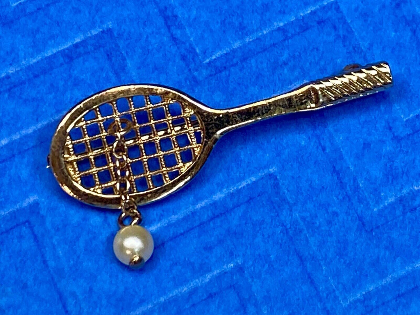 Vintage Avon Jewelry Goldtone Tennis Racquet Brooch Faux Pearl Ball, 1 3/4" long