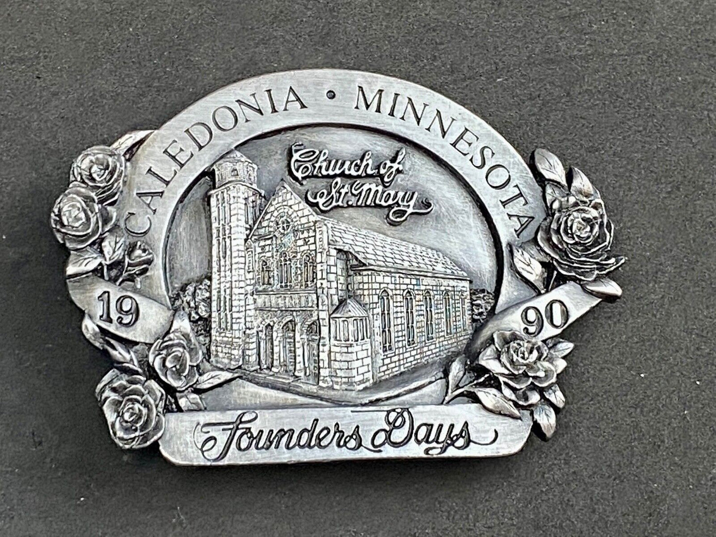Vintage 1990 - Founder’s Days Caledonia MN belt buckle - Church of St Mary