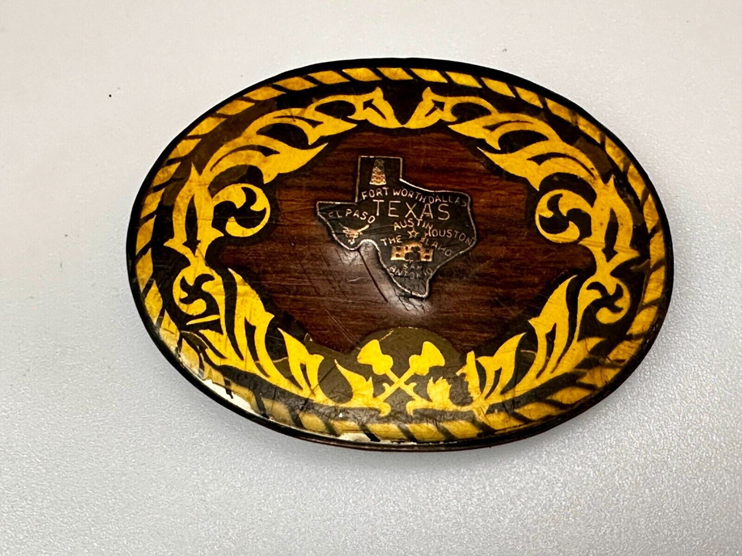 Texas Cutout State Shaped Center On Wooden Vintage Belt Buckle By Harmony Medals
