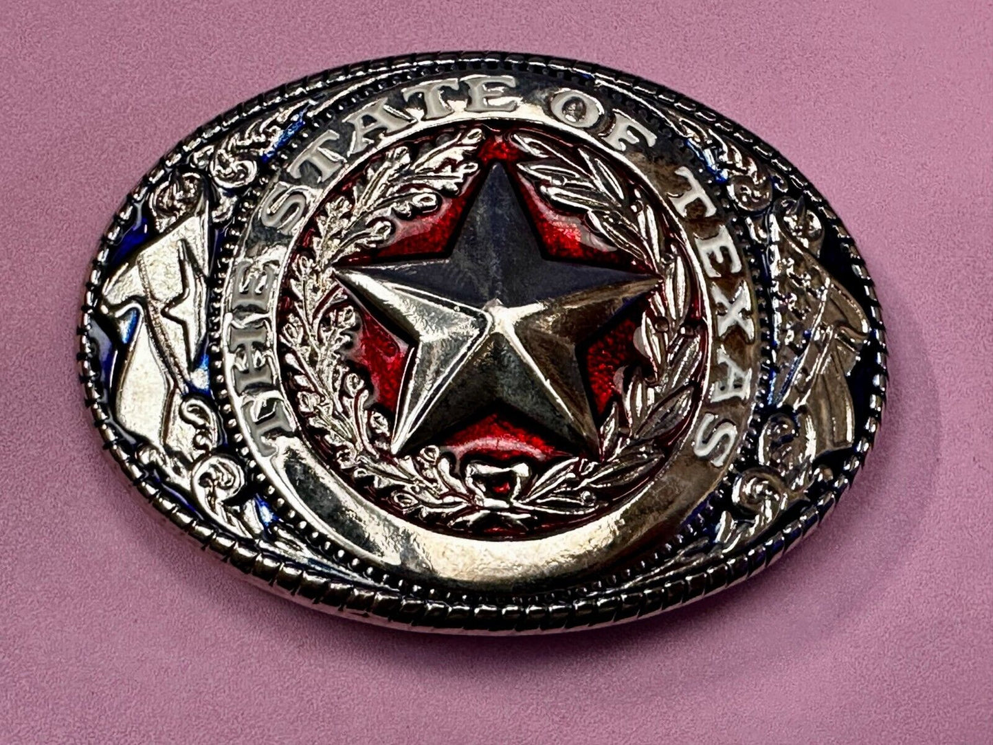 The Great State of Texas - Flag & Star Vtg. Red Blue & Black Color Belt Buckle