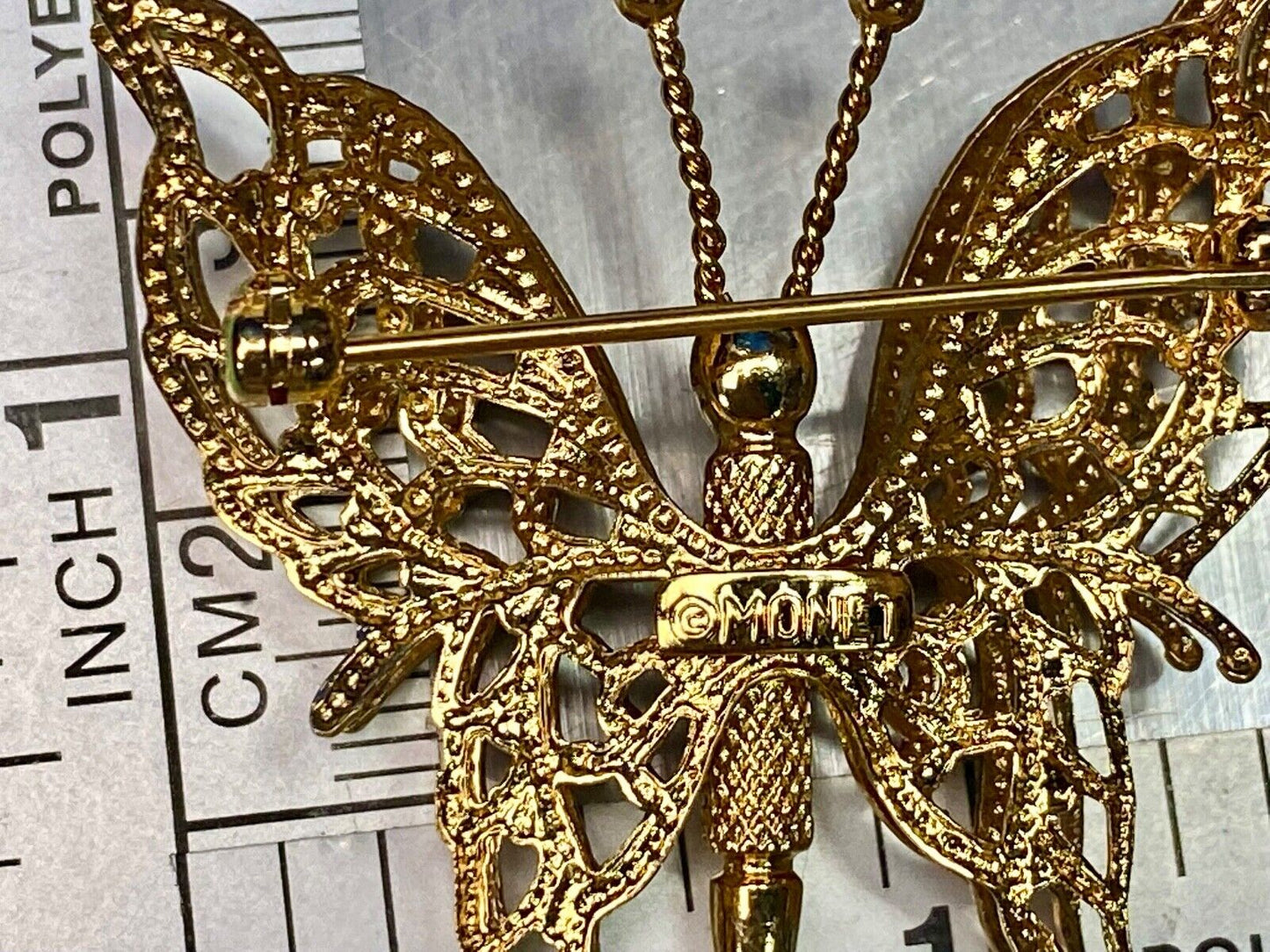 Vintage 1970'S Signed Monet Double-Wing Butterfly Gold Tone Brooch Pin