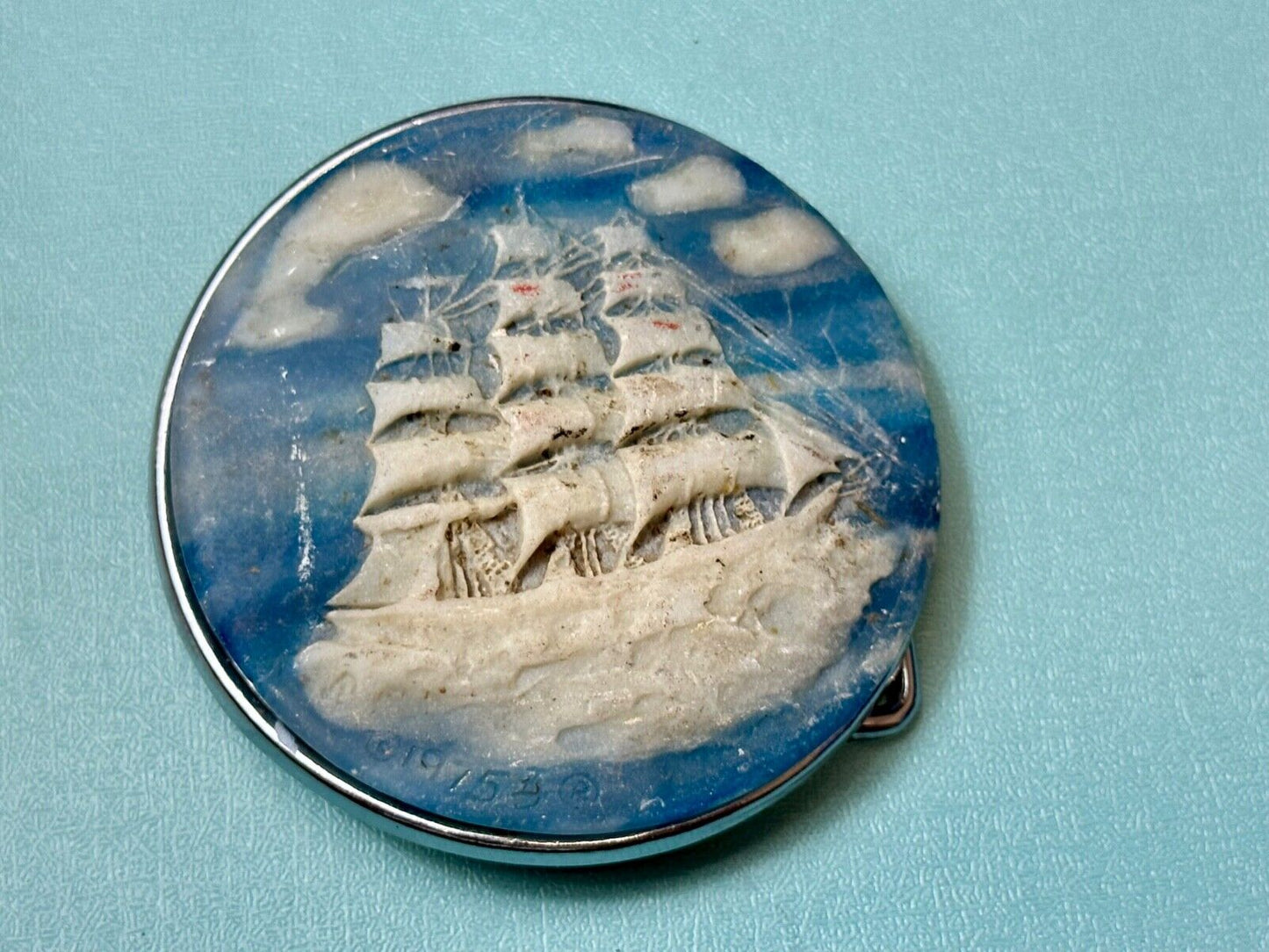 3-Masted Schooner Ship Carved Incolay Stone Cameo Vintage 1975 belt buckle