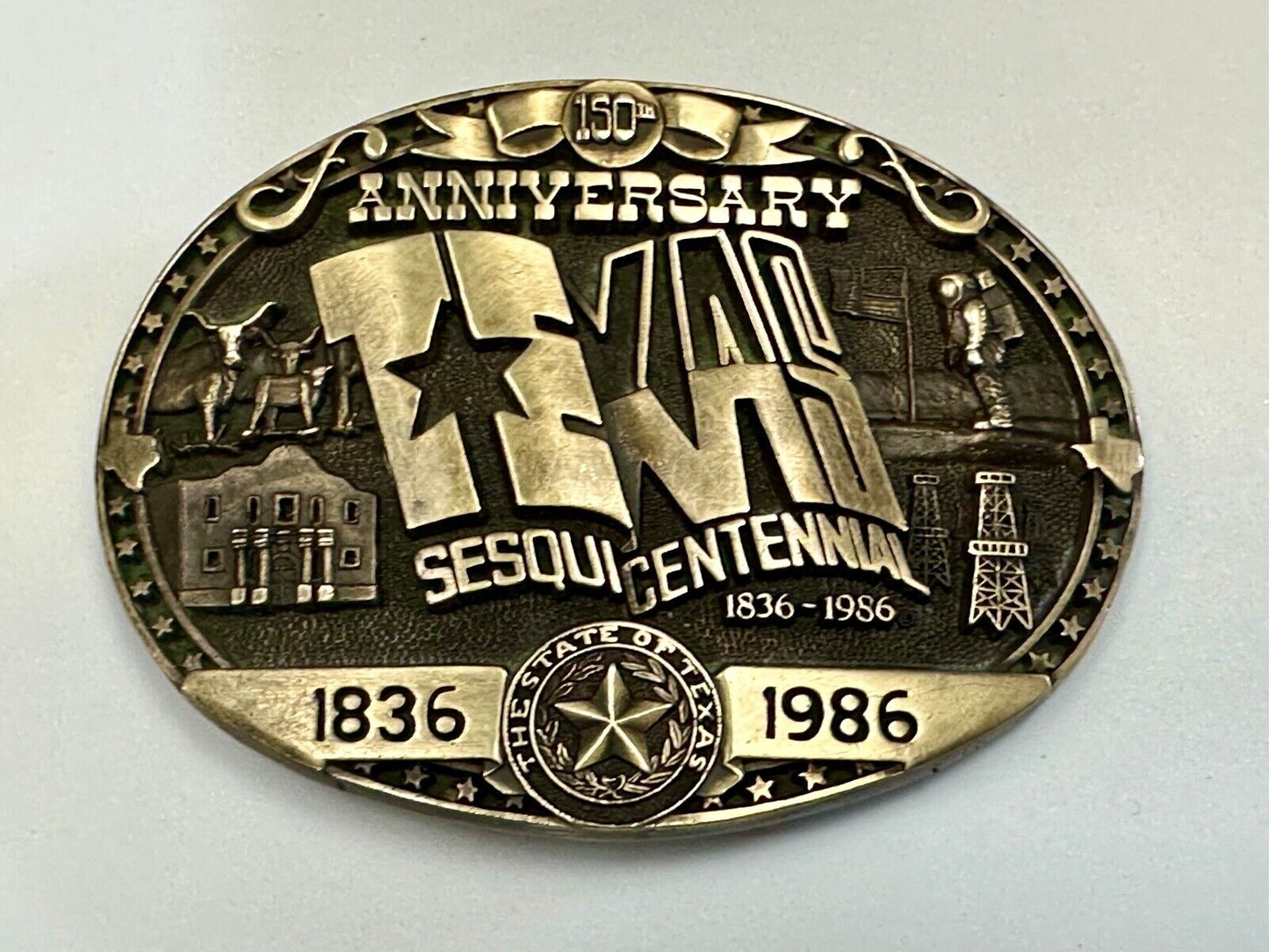 Texas Sesquicentennial 150 year celebration solid brass ADM belt buckle