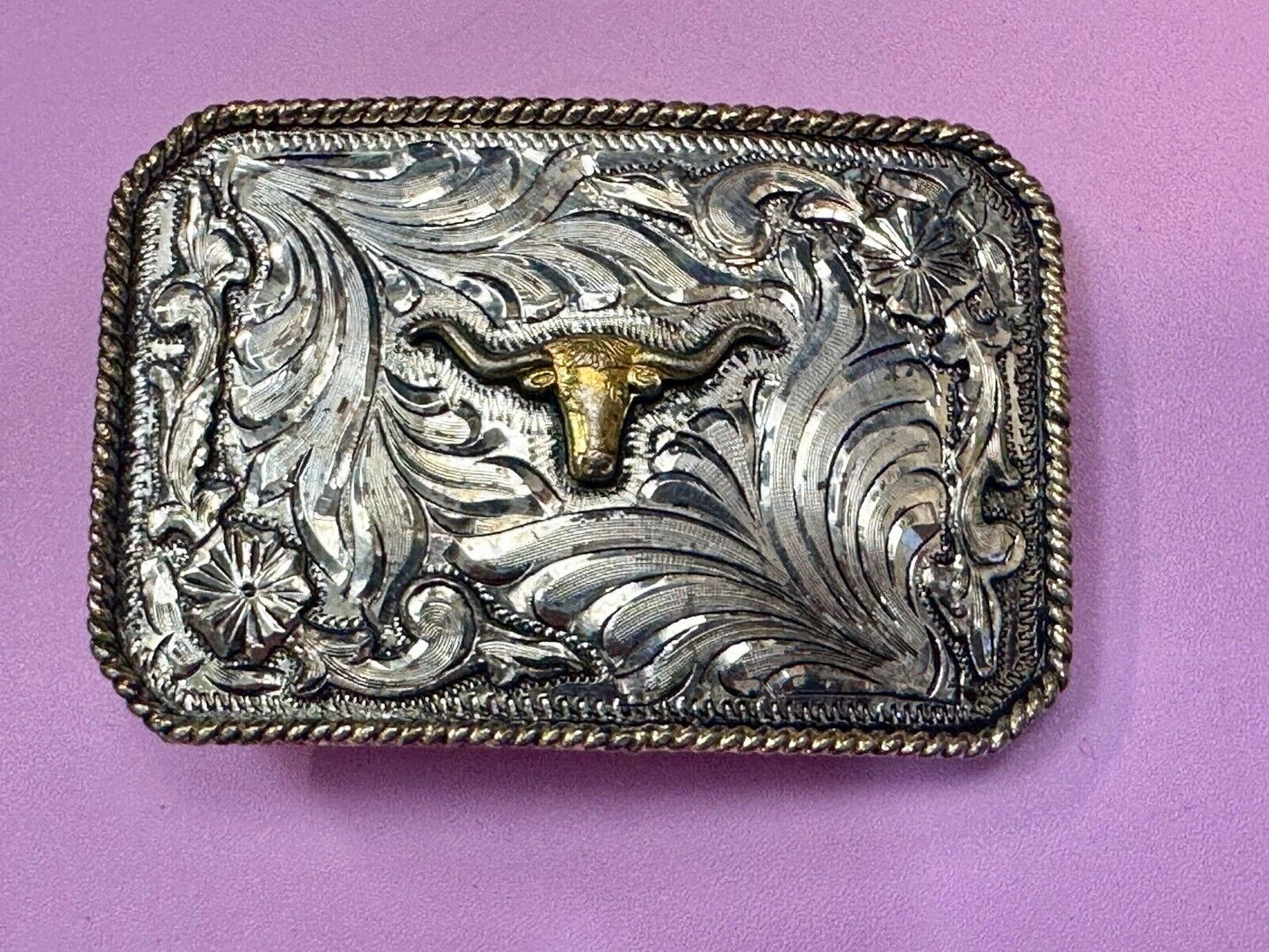 Texas Longhorn - Vintage Silver Strike Ornate Belt Buckle