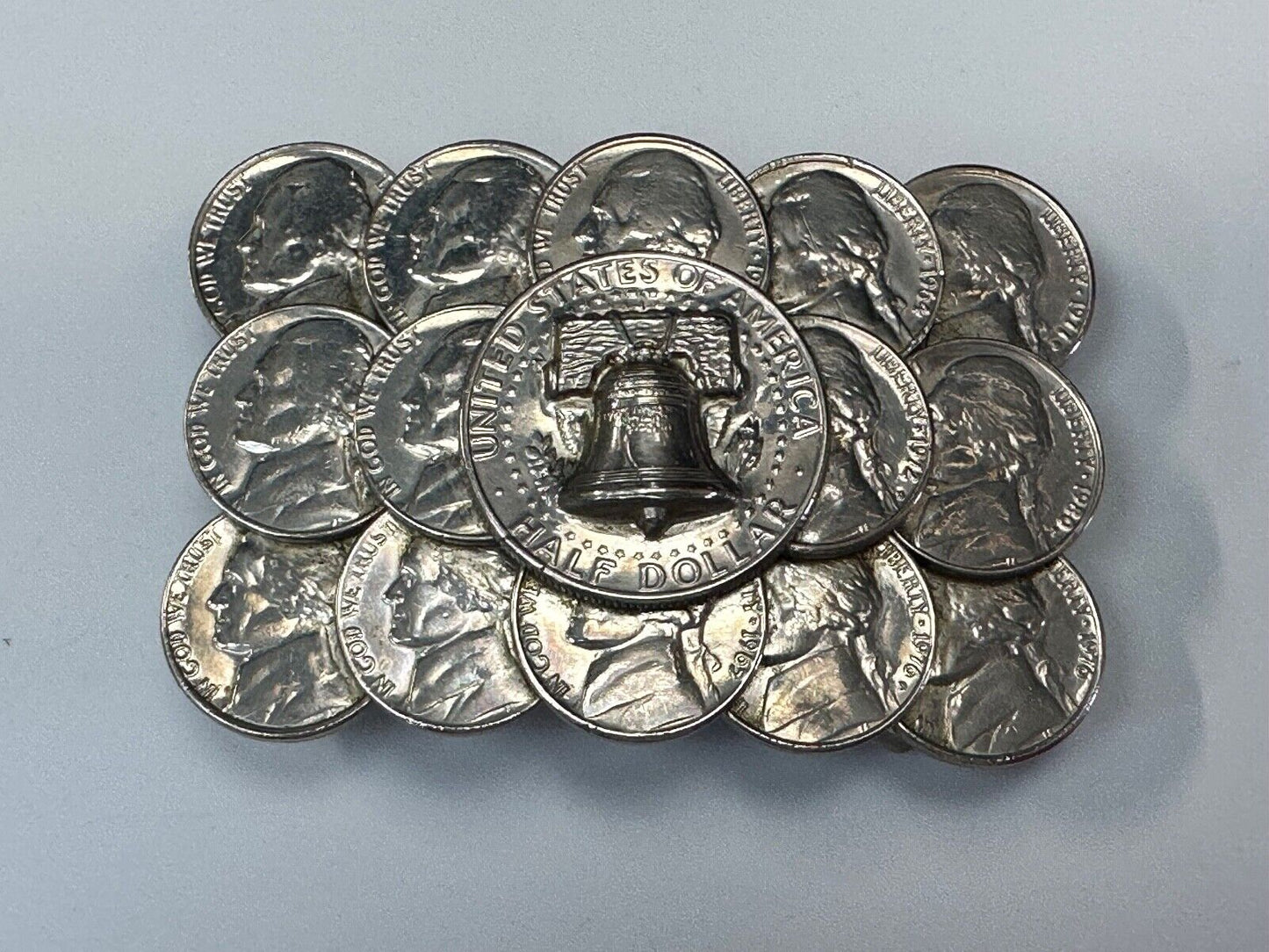 Artist Made Coin Cluster Liberty bell half dollar Nickels belt buckle