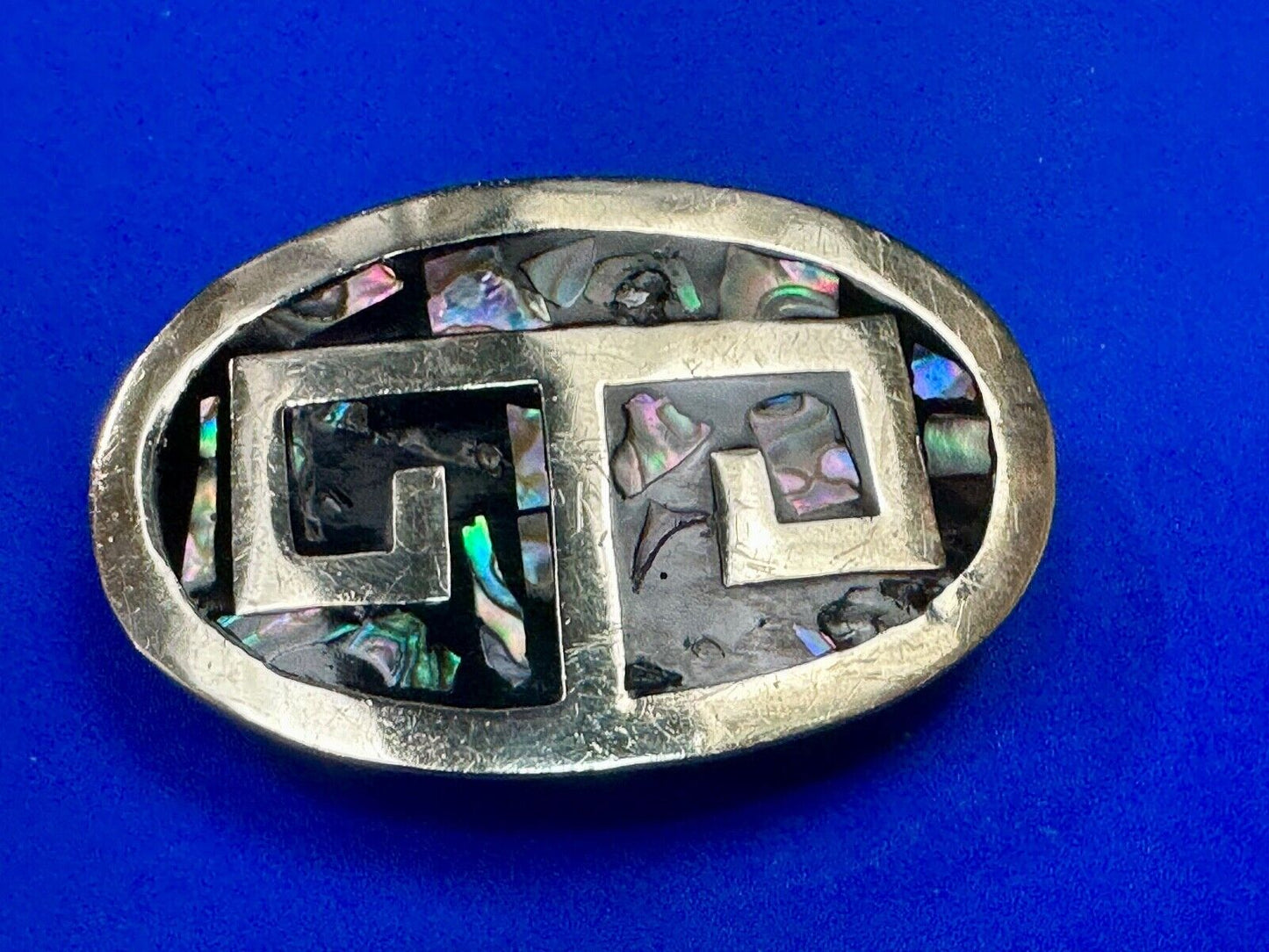 Vintage Alpaca Mexico Silver Tone Abalone Shell Pattern Oval belt buckle
